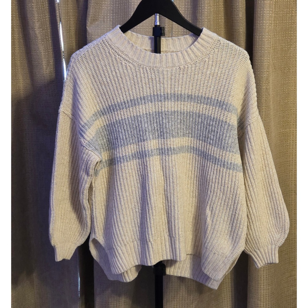 American Eagle Ribbed Knit Sweater Womens Size Medium Cream Blue Stripes